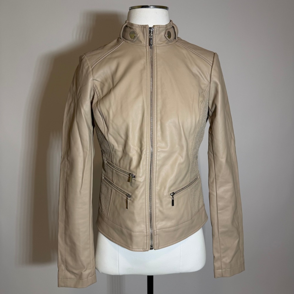 NWD Guess Gazetta PU Jacket Beige Faux Leather Moto Biker Womens Small Vegan Y2K